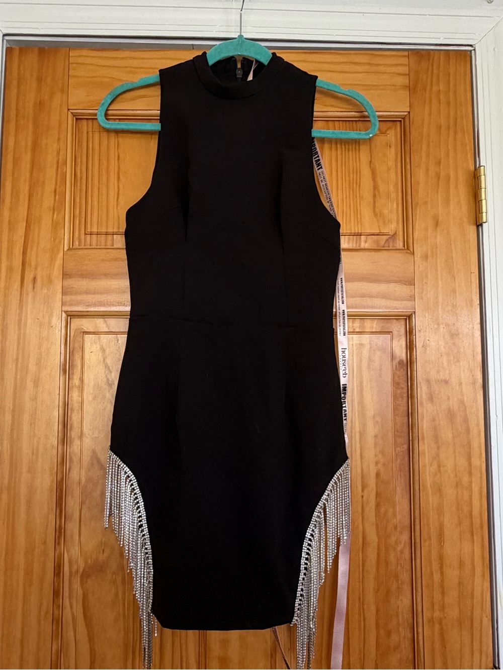Black Sleeveless Fringe-Trim Bodycon Dress by house of CB SIZE SMALL